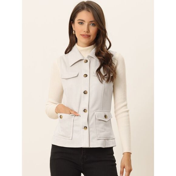 Faux Suede Vest Utility Buttoned with Cargo Pocket Beige - Picture 2 of 5